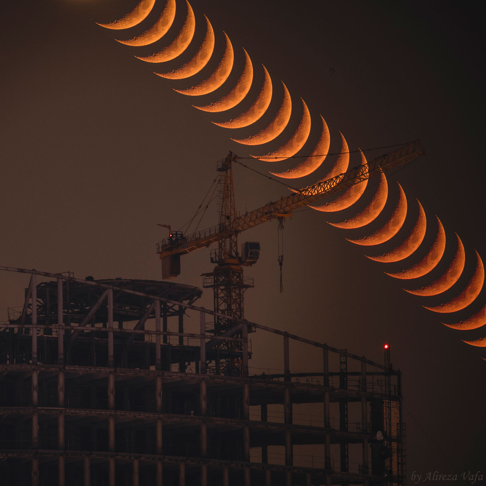 Tokina SZX 400mm f/8 on Nikon D3s body. 13 second exposure time for foreground subject at ISO200 and the consequences of passing moon is captured in fraction of seconds and finally blended in light mode in Adobe PS.