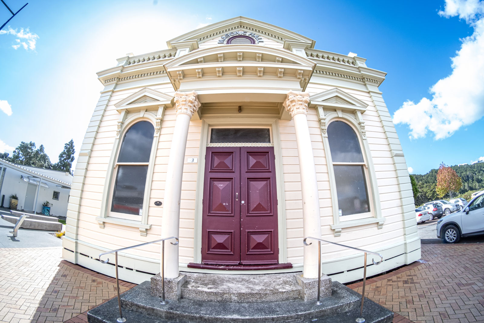 The Masonic Hall, Warkworth, North Auckland, New Zealand | Tokina SZ 8mm F2.8 E FISH-EYE | Notice that the frame was now taken a foot away from the first stair. The structure's lines are curvier, and the middle of the structure is noticeably pulled-in while the windows seem to be left behind