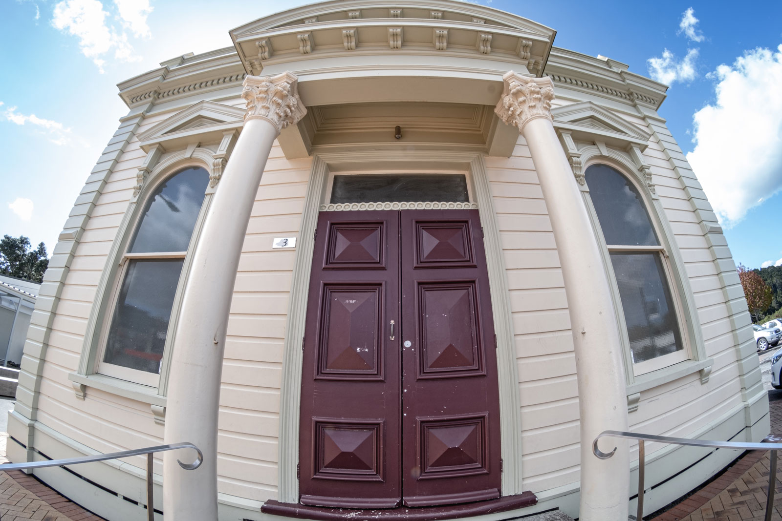The Masonic Hall, Warkworth, North Auckland, New Zealand | Tokina SZ 8mm F2.8 E FISH-EYE | Notice that the frame was now taken yet even closer to the door. The structure's lines are totally beautifully distorted, and the door seems substantially close to the beholder despite being on the very same plane of the building's edges