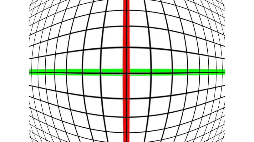 A very strong barrel curvature effect is shown through a fish-eye lens