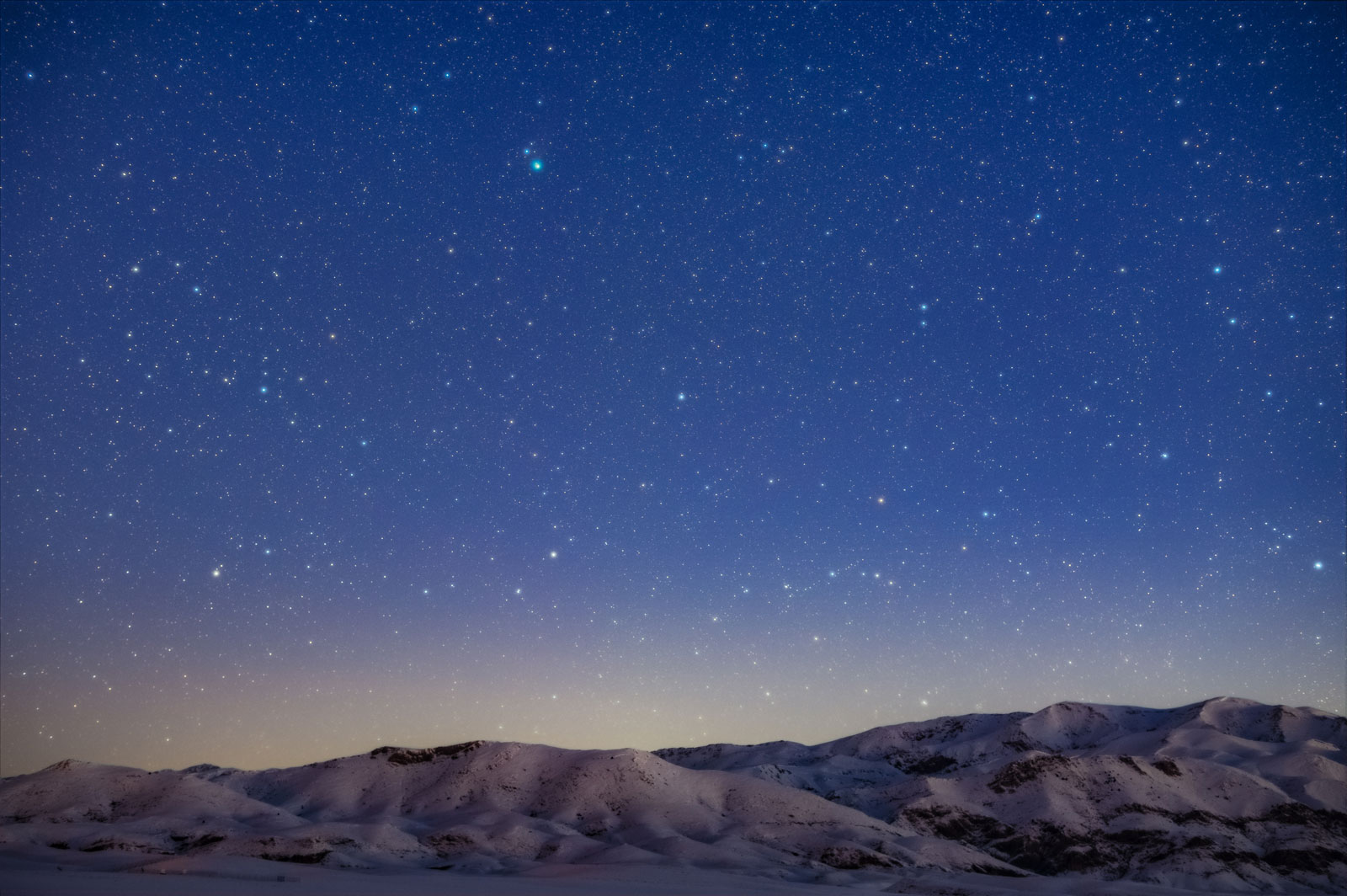 Final result of combination of sky and foreground enhanced images together with a little saturation. Now every part has a much higher signal to noise and is ready for any cosmetic process. The Green comet is visible at top of the image as a green ball shine in the dawn sky.