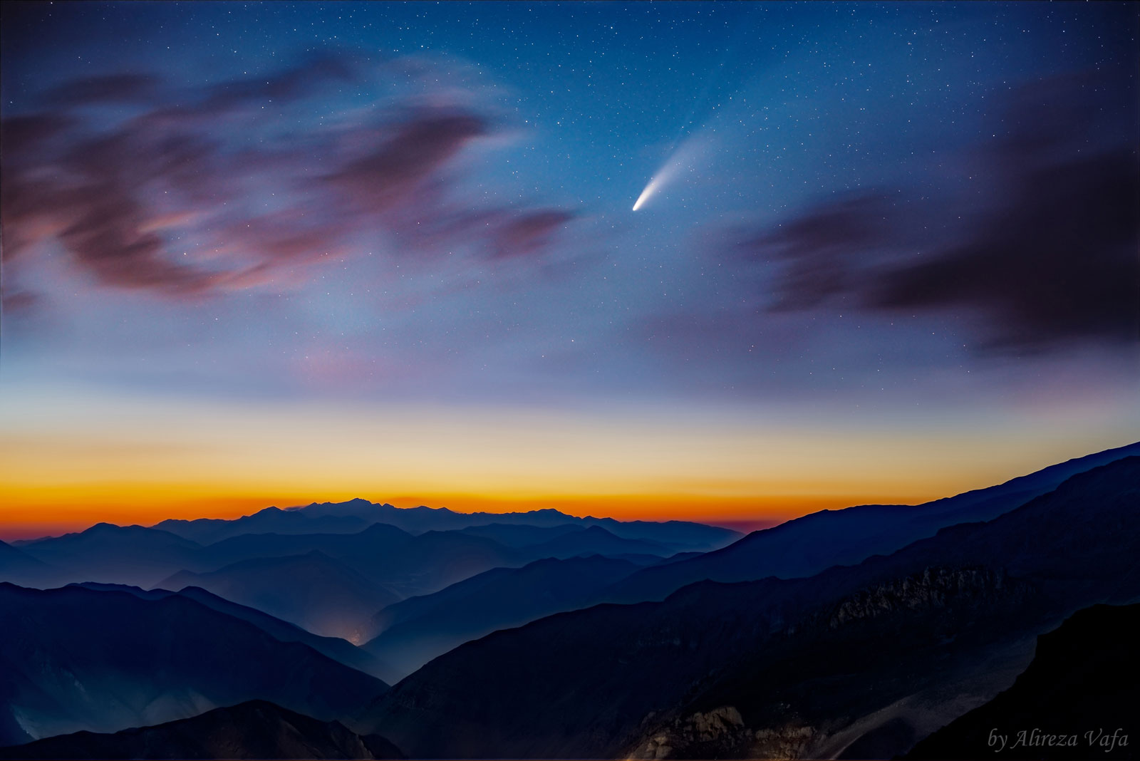 Consecutive images of C/2020 F3 (NEOWISE) lead to these two different outputs. The above is the still photo, as the result of stacking 10 images, and the bottom the time lapse video of the whole consequence of 600 photos. Each frame has 5 second exposure time which is taken by Tokina opera 50mm F1.4 FF lens set at f/2.2 on Nikon D610 body at ISO1250.